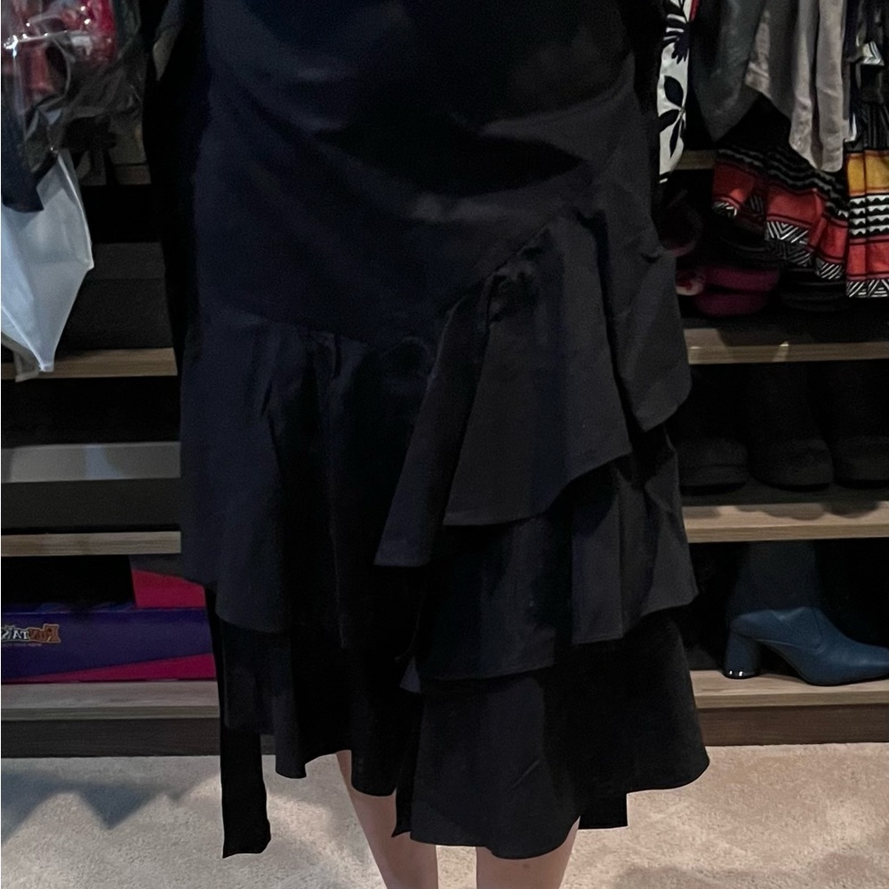 NWT- Zara Basic Collection-Black Midi Skirt with Ruffles at Midpoint of Skirt - Picture 3 of 17
